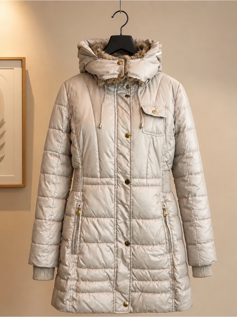 Laundry by Design Gray Quilted Hooded Puffer Coat with Faux-Fur Trim